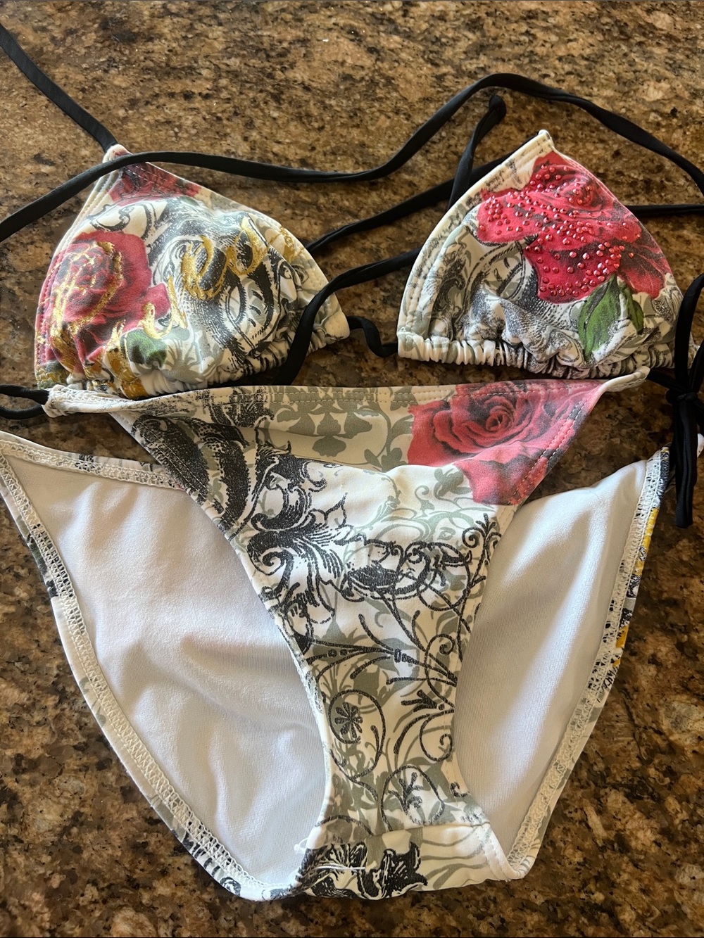 Vintage GUESS Red Studded Rose Bikini in White, Black, Red and Gold